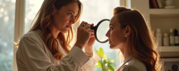 Une professionnelle du salon examinant attentivement les cheveux d'une cliente avec expertise et attention bienveillante