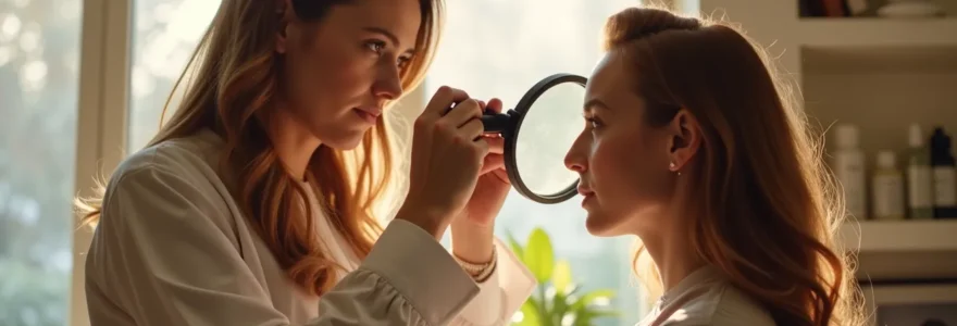 Une professionnelle du salon examinant attentivement les cheveux d'une cliente avec expertise et attention bienveillante