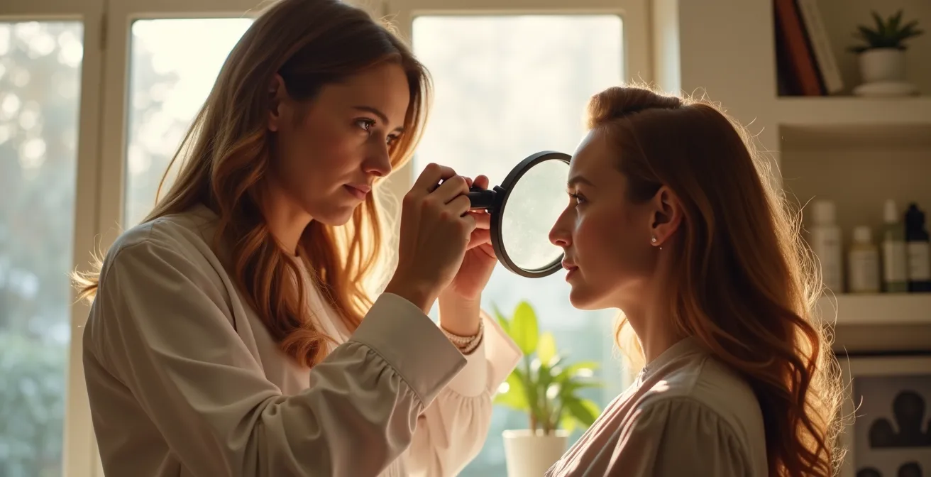 Une professionnelle du salon examinant attentivement les cheveux d'une cliente avec expertise et attention bienveillante