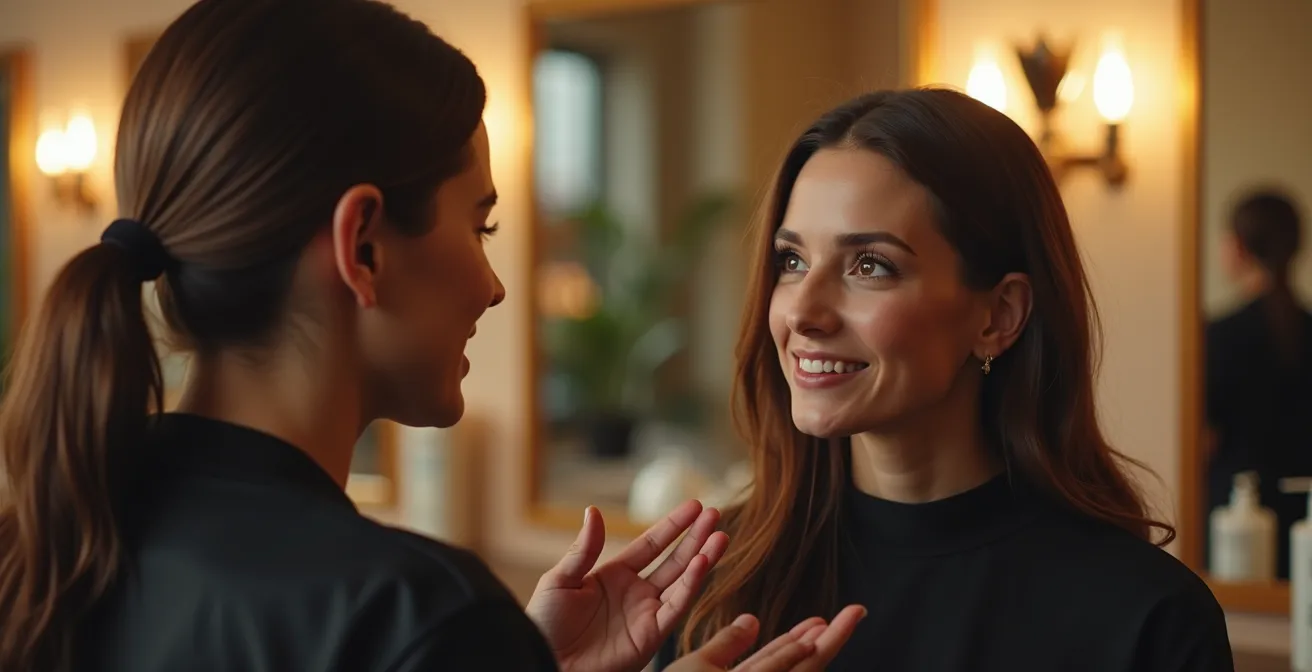 Une cliente engagée dans une conversation bienveillante avec son coiffeur, posant des questions avec assurance dans une ambiance collaborative