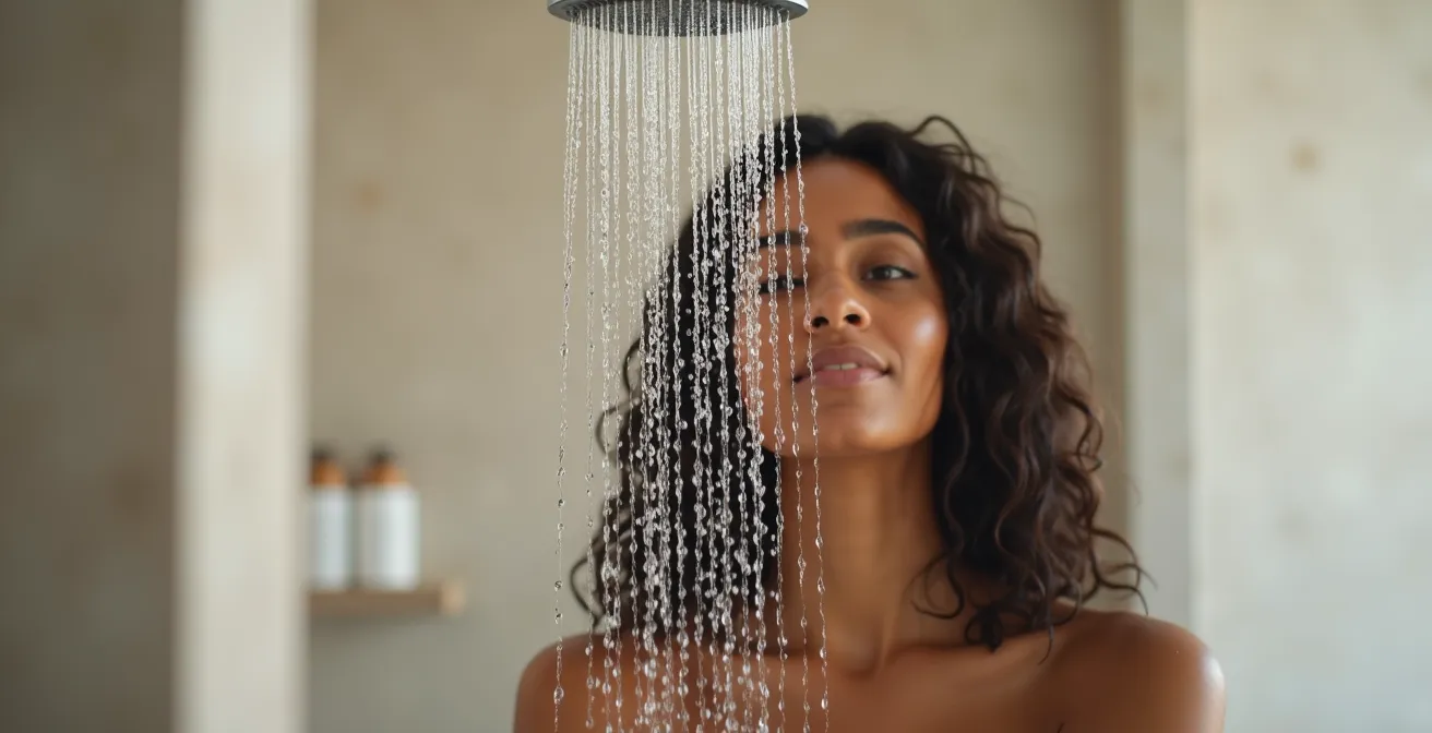Illustration photo-réaliste montrant des cheveux devant une pomme de douche, composition minimaliste, bokeh naturel, aucun texte ni logo.