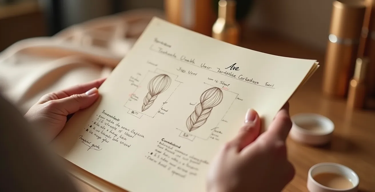 Détail photographique d'une fiche technique coiffure mariage et recommandations écrites pour préparation pré-événement