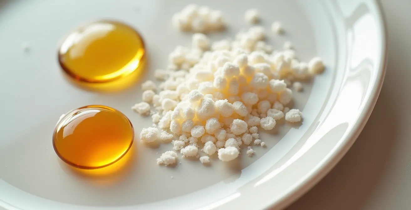 Macro-photographie d’ingrédients capillaires sur fond neutre, textures contrastées, aucun logo ou texte ni packaging visible.