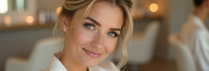 Une mariée avec une coiffure élégante testée en salon, rayonnant de confiance et de sérénité avant son grand jour