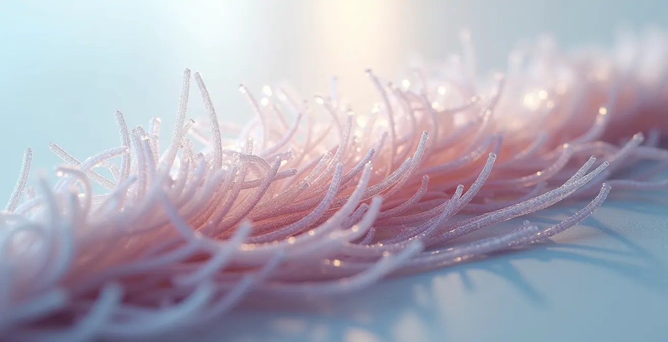 Gros plan détaillé de fibres capillaires examinées au microscope, révélant les cuticules, la porosité et les dégâts microscopiques des traitements passés