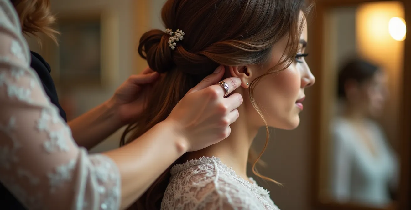 Moment intime d'une essai coiffure en salon, montrant la transformation psychologique et émotionnelle d'une mariée