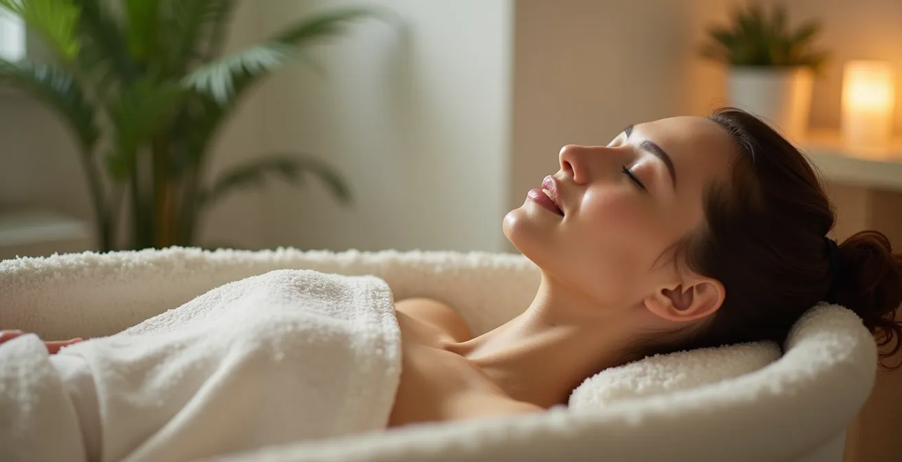 Vue environnementale minimaliste : client reclinée au-dessus du bac à shampoing, yeux fermés, expression paisible, serviette de couleur apaisante, espace épuré avec lumière douce, plants verdoyants en arrière-plan