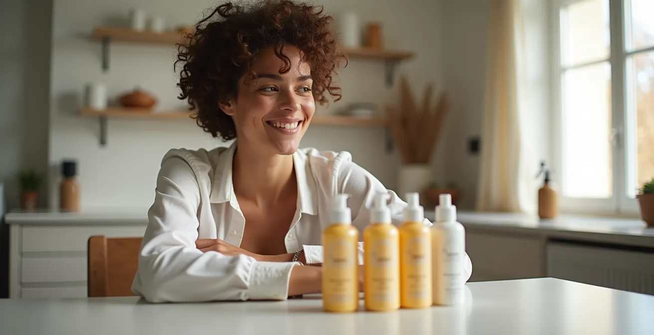 Scène réaliste montrant une personne préparant ses soins capillaires sur une table, éclairage naturel, espace négatif, aucun texte ni logo.