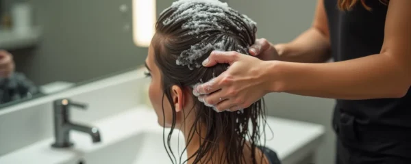 Professionnel coiffeur appliquant un shampoing expert sur cheveux mouillés au-dessus d'un lavabo de salon, mains en mouvement, mousse abondante, texture luxe