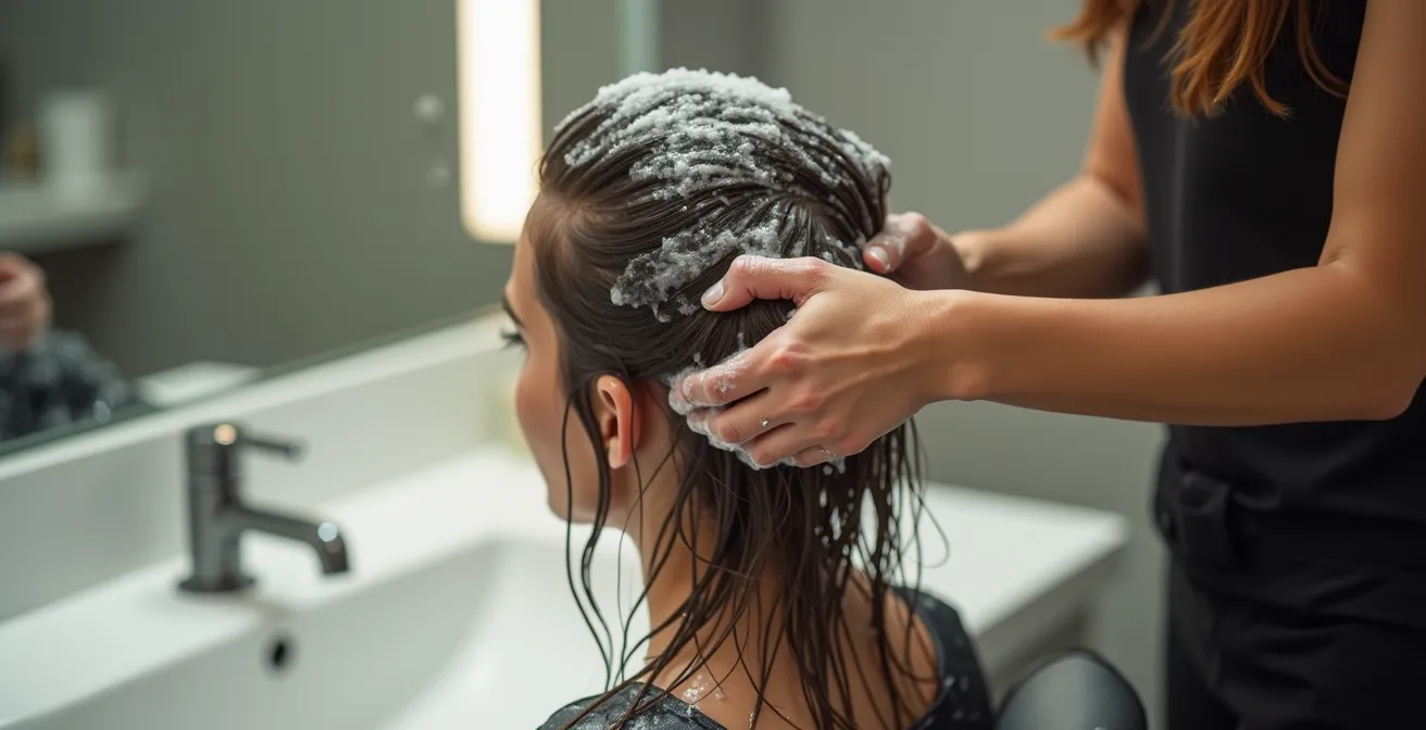 Professionnel coiffeur appliquant un shampoing expert sur cheveux mouillés au-dessus d'un lavabo de salon, mains en mouvement, mousse abondante, texture luxe