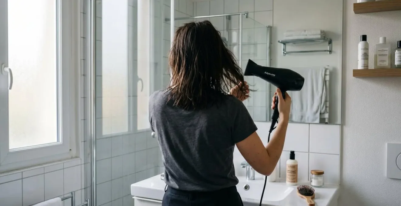 Femme vue de dos séchant ses cheveux mi-longs dans une salle de bain contemporaine lumineuse, tenant un sèche-cheveux professionnel incliné vers les pointes