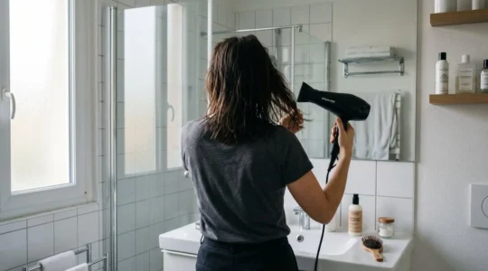 Femme vue de dos séchant ses cheveux mi-longs dans une salle de bain contemporaine lumineuse, tenant un sèche-cheveux professionnel incliné vers les pointes