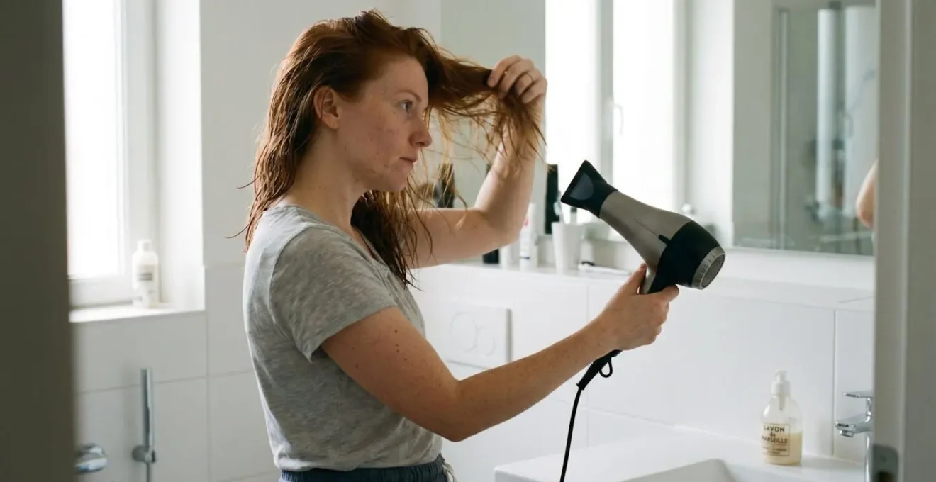 Femme de profil séchant ses cheveux en maintenant une distance visible d'environ quinze centimètres entre la buse du sèche-cheveux et ses mèches