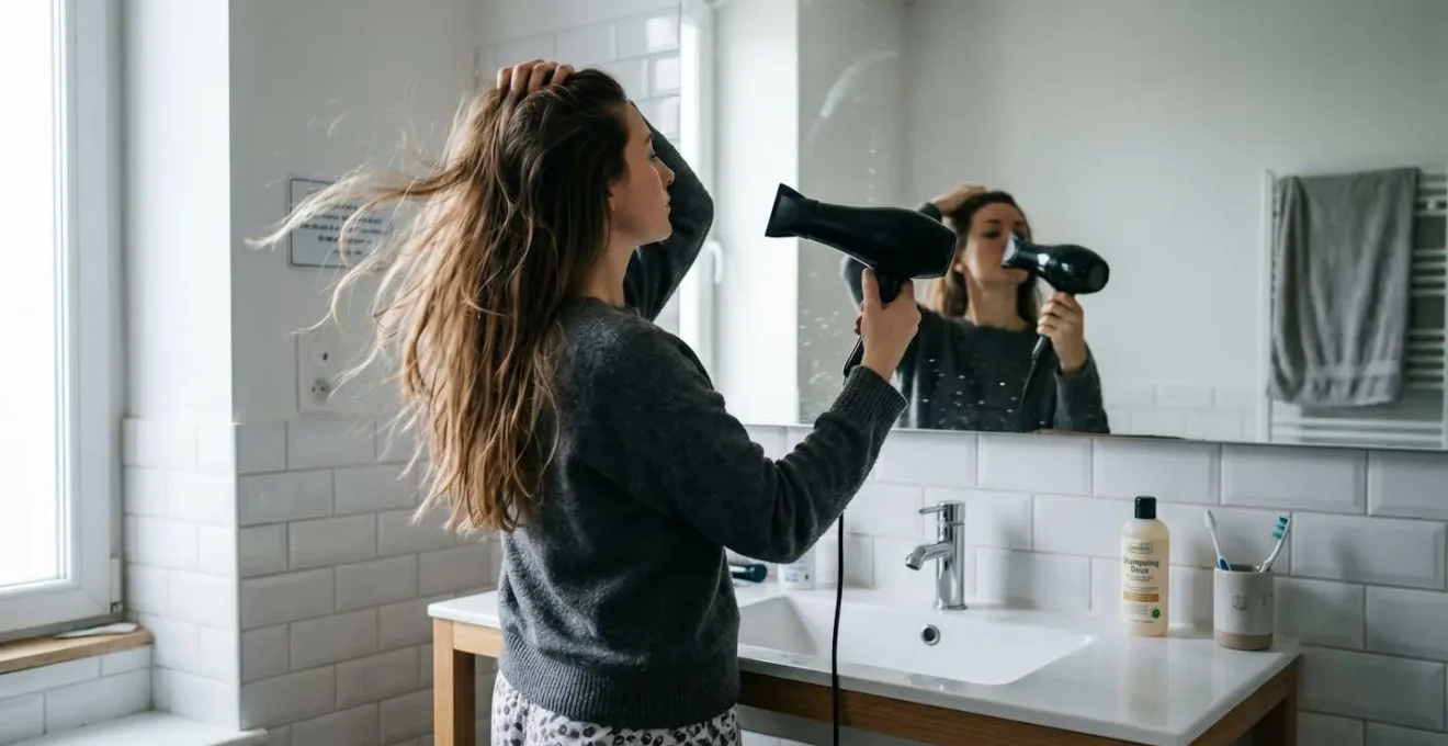 Intérieur de salle de bain contemporaine lumineuse avec mèches de cheveux visiblement soulevées par un flux d'air puissant, illustrant la force du séchage